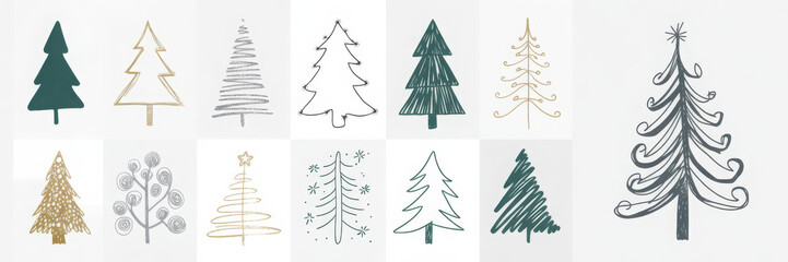 Collection of hand-drawn Christmas tree illustrations various styles and colors perfect for holiday designs and festive projects