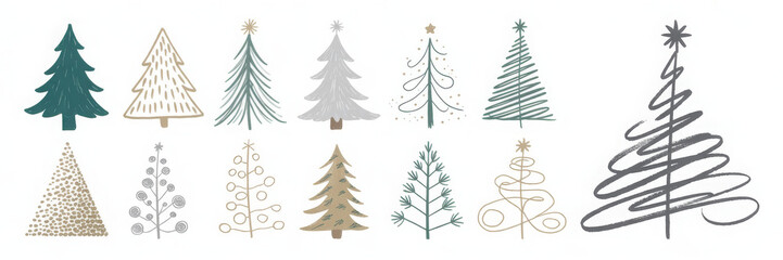 Collection of Christmas tree illustrations various styles and colors festive vector design elements for holiday season