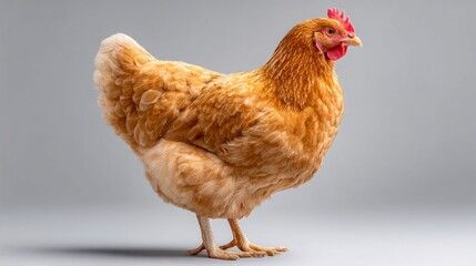 Fototapeta premium A beautiful brown hen standing on a gray background, side view