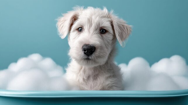 Adorable puppy enjoys a relaxing bath in a tub filled with fluffy bubbles