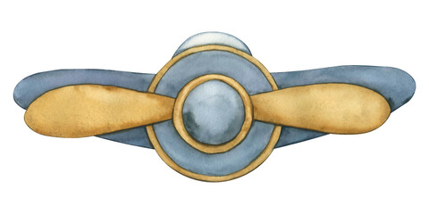 Toy airplane. Pastel colored vintage model Airplane. Wooden toy plane. Kids Toy Plane isolated. Watercolor hand drawn illustration of kids toy in blue and beige colors for nursery and kids goods © Irina