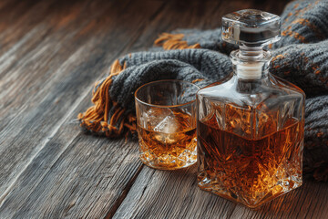 Whiskey bottle and glass with ice cubes on a wooden table against a dark background. retro style, with copy space for text.