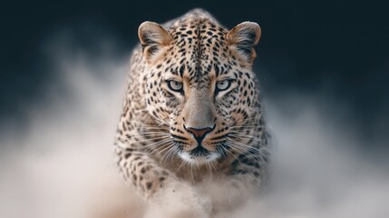 Naklejka premium A stunning portrait of a leopard charging directly towards the viewer