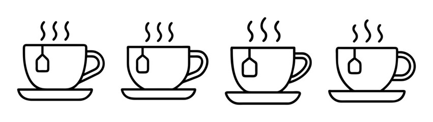 Four tea cups with tea bags and steam illustration for tea time relaxation and enjoyment concept