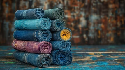 Rolled denim jeans stack, rustic wood, blurred background, textile display