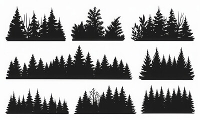 Set of forest silhouette vector illustrations evergreen trees in various arrangements ideal for nature-themed designs and backgrounds