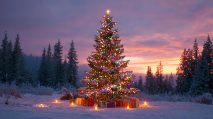 Illuminated christmas tree adorned with lights and gifts stands in a snowy forest at twilight