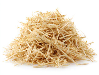 Heap of dry straw scattered on a plain white surface.