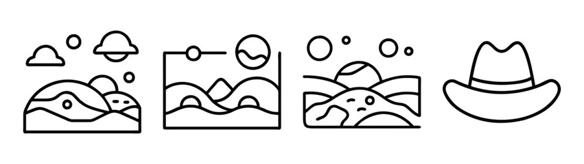 Outline illustration of mountain range landscape with cowboy hat vector design element art