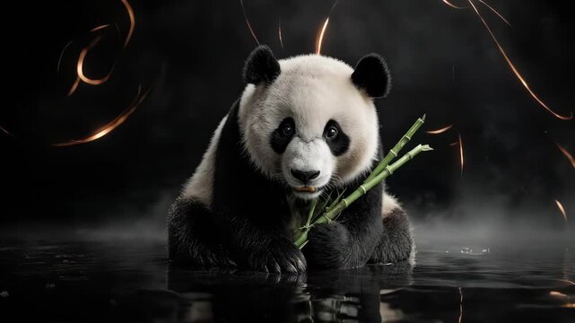 A panda bear holding bamboo against a dark background, in a close-up shot