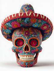 Naklejka premium Colorful 3D illustration of a bright floral-patterned Mexican skull with a festive sombrero, dramatic shadows, and a clean white backdrop.