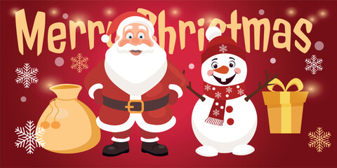 .Santa Claus and snowman with gifts. Christmas card template. EPS 10 vector illustration.