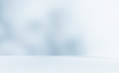 Empty blue room studio with shadow of leaves on concrete wall and floor for product presentation. Sunlight effect shadow. Minimal winter backdrop. Cosmetic, beauty and fashion showroom.