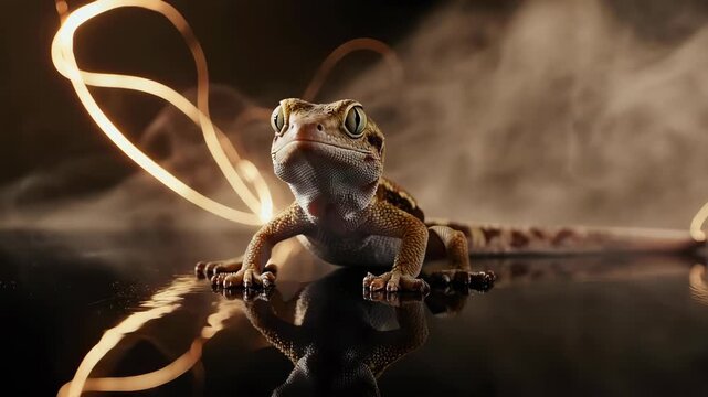 Leopard gecko amidst abstract light streaks against a dark backdrop