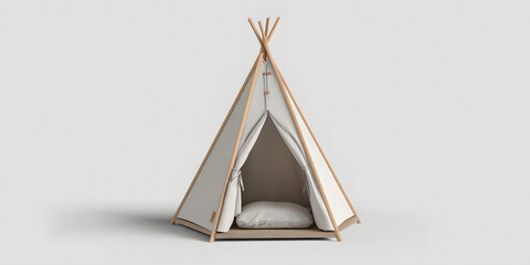 Minimalist pet teepee made of five natural wooden poles and light neutral fabric, featuring a soft cushion inside and subtle decorative accents, side view on plain background.