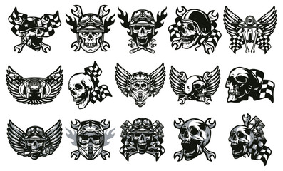 Skull Illustrations for Bikers: A collection of black and white skull illustrations, perfect for biker-themed designs. Each skull is adorned with biker accessories like helmets, wrenches.