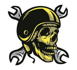 Skull with wrench icon: A stylized illustration presents a skull emblem, adorned with a helmet, crossed wrenches. This bold design embodies mechanics, adventure, and the spirit of the open road.