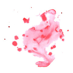 Abstract pink watercolor stain with paint splashes. Liquid watercolor paint stains on white background. Textured background with splashes