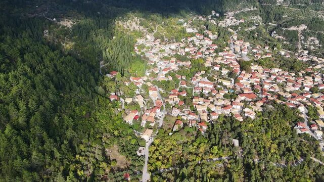 Aerial top view of Karya mountain village in morning light. Lefkada. Greece.