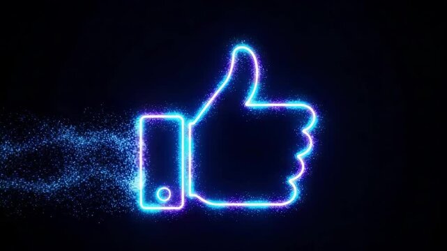 Glowing neon thumbs up symbol with particles on a dark background motion animated video