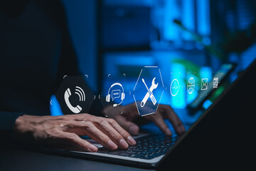 Customer support and technical service concept. Person using laptop with icons of call, chat, tools, email, 24/7 assistance symbolizing online helpdesk, IT maintenance, professional service support