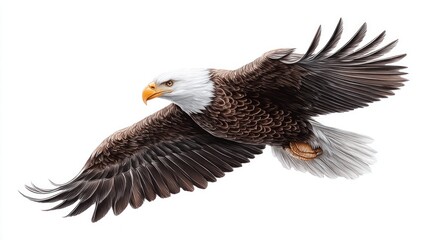 Obraz premium Majestic bald eagle soaring with outstretched wings against a white background