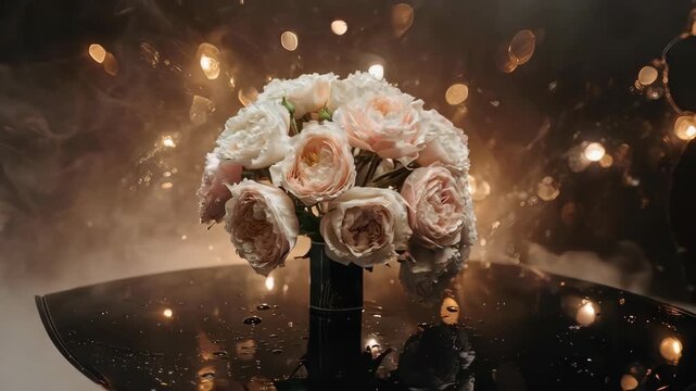 Elegant floral arrangement with soft pink and white roses against a dark backdrop with blurred lights