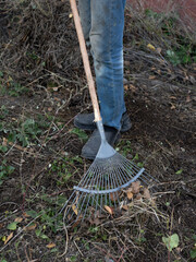 Garden cleanup &ndash; man raking grass and leaves