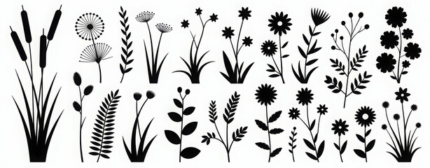 Collection of black floral silhouettes vector illustration of various flowers and plants isolated on white background