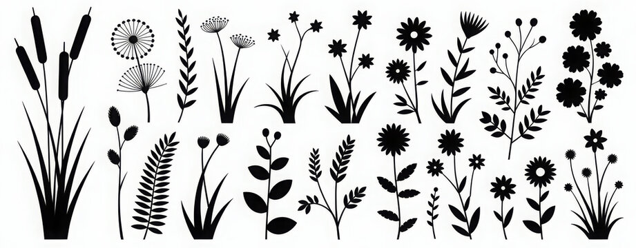 Collection of black floral silhouettes vector illustration of various flowers and plants isolated on white background