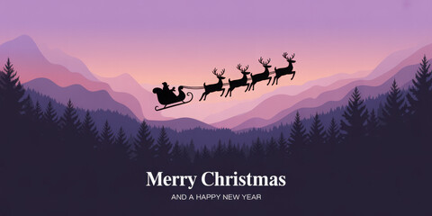 Silhouette of Santa Claus riding a sleigh with reindeer over a winter forest landscape Merry Christmas and a Happy New Year illustration