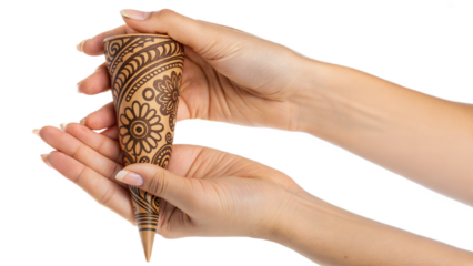 “Female Hands Holding Mehndi Cone Isolated on White”