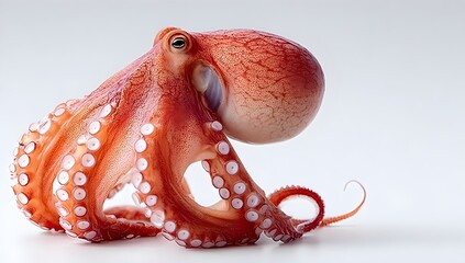Small red octopus with a shiny body and detailed tentacles, set against a white background. It appears realistic with clearly visible skin textures.