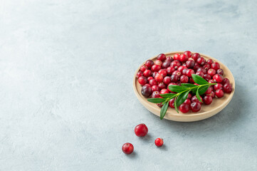 Fresh cranberries in a wooden bowl on a light background. Concept of healthy natural wild berries.
