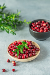 Fresh cranberries in a wooden bowl on a blue background with green branch and natural light.
