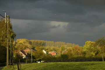 Nuages d'orage et lumière du coucher de soleil au dessus du bois de la Houssière à...