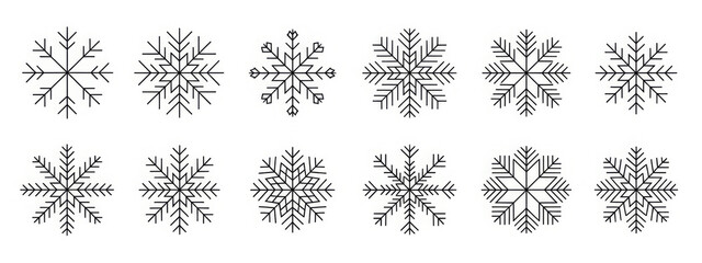 Set of snowflake icons simple line art vector design elements isolated on white background