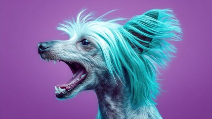 Naklejka premium A unique dog with teal hair and an open mouth against a purple background