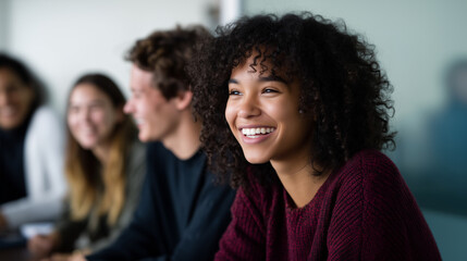 Fototapeta premium Group of diverse young people sitting together indoors, laughing and enjoying a study session, positive atmosphere, teamwork, learning, and genuine human connection in natural ligh