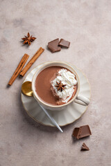 Hot chocolate in a cup with whipped cream and spices on a light background. The concept  a homemade, warming drink with a cozy winter atmosphere for advertising banner cafe. Top view, copy space.