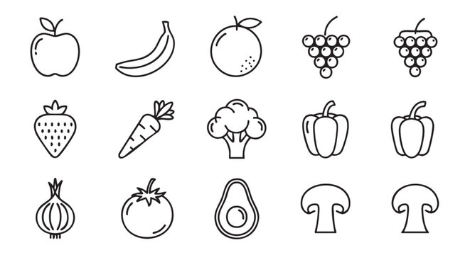 Assortment of fresh fruit and vegetables line art illustration
