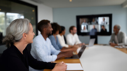 Fototapeta premium ChatGPT ÑÐºÐ°Ð·Ð°Ð»:Group of business professionals attending a hybrid meeting in a modern conference room, sitting around a table with laptops and documents, watching a large screen sh