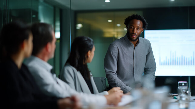 Business meeting in a modern glass-walled conference room, diverse team of professionals sitting around a table while a presenter stands and points at a large digital screen showin - Powered by Adobe