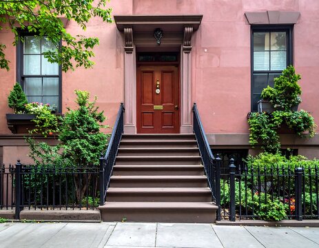 A pinkish-brown brick townhouse with dark door, dark windows and front steps - Powered by Adobe