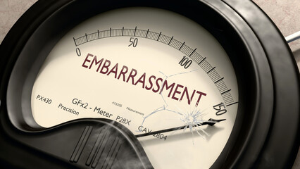 Embarrassment meter showing high levels of embarrassment. Dangerously increasing values of embarrassment, critical overload. Too much, off the charts. Max embarrassment ,3d illustration