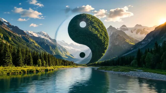 Yin and Yang symbol merging with a serene natural landscape, representing balance and harmony between nature and spirituality