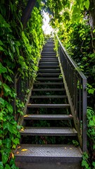 A metal staircase climbs steeply upwards surrounded by lush green foliage