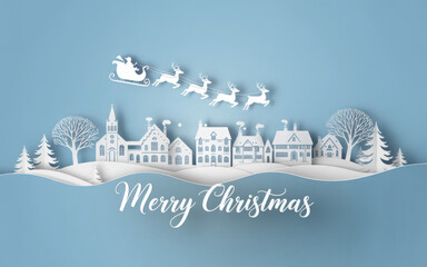 Paper art Christmas scene with Santa Claus flying over a snowy town holiday vector illustration for greeting cards and seasonal designs