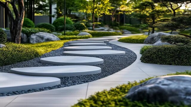 Serene garden path with stepping stones and lush greenery