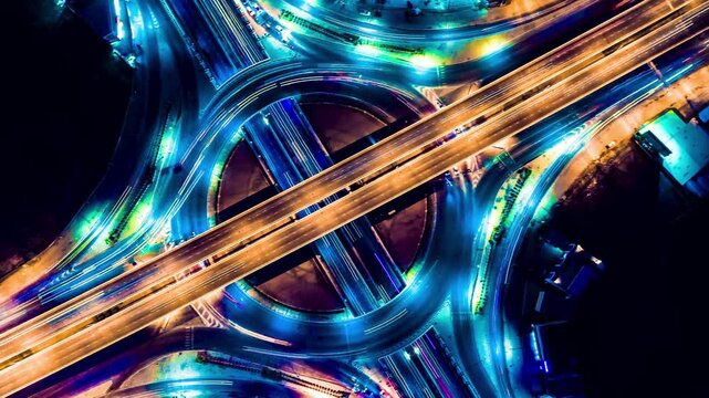 Timelapse of Aerial top view of Modern transportation with Expressway, Road and Roundabout, multilevel junction highway-Top view. Car movement at night Important infrastructure with traffic light.